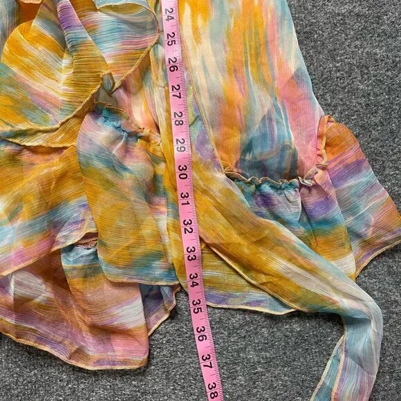 U & Me Womens A Line Dress Orange Abstract Short V Neck Sleeveless Ruffle M - Picture 7 of 7